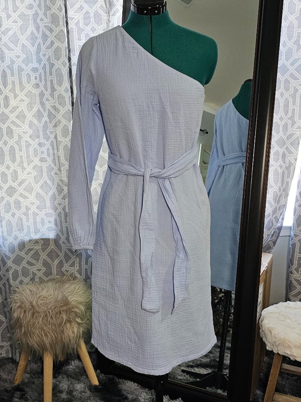 Express Periwinkle One‑Shoulder Gauze Dress – Size XS – NWOT